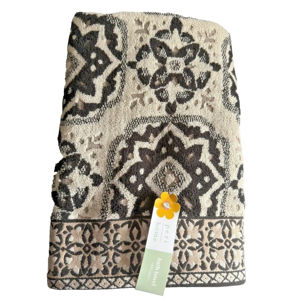 Peri Home Bath Towels Set Of 2 Medallion Moroccan Tile Design Black Cream